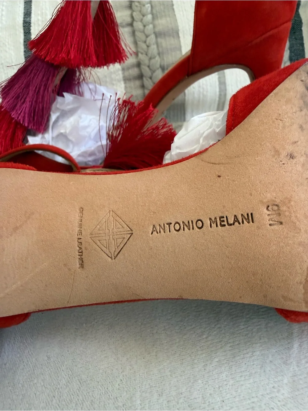 ANTONIO MELANI Red Suede Pointed Tassel Ankle-Strap Heels
